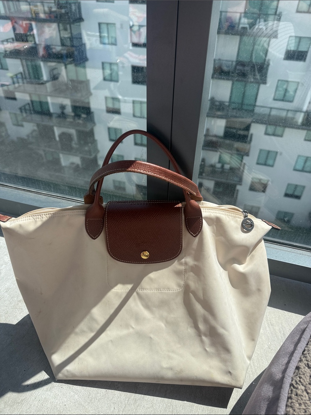 Longchamp Cream Tote with Brown Trim